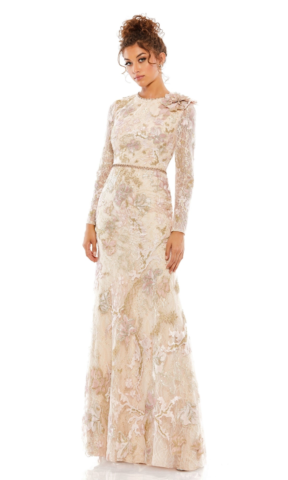 A woman stands against a white background wearing Mac Duggal's Long Formal Dress 11174—a fitted, pastel lace gown featuring floral details and a decorative shoulder flower.